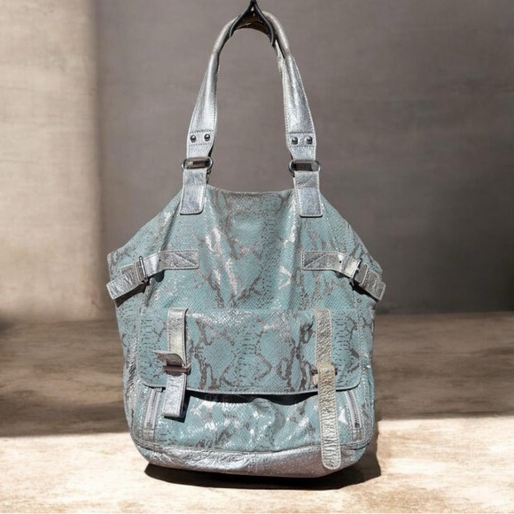 Metallic Silver-Trim Teal Snake-Print genuine leather Tote bag